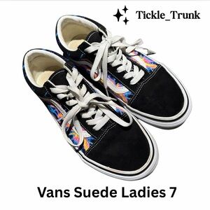 Vans Women's 7 Black Suede and Vibrant Canvas Pattern Sneakers